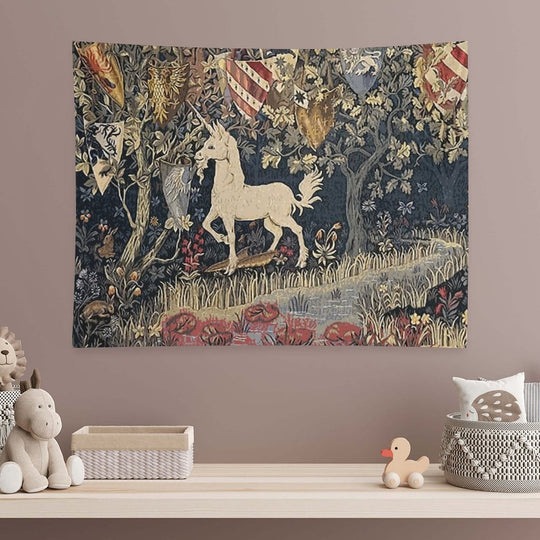 Medieval Unicorn Midnight Floral Tapestry Tapestry