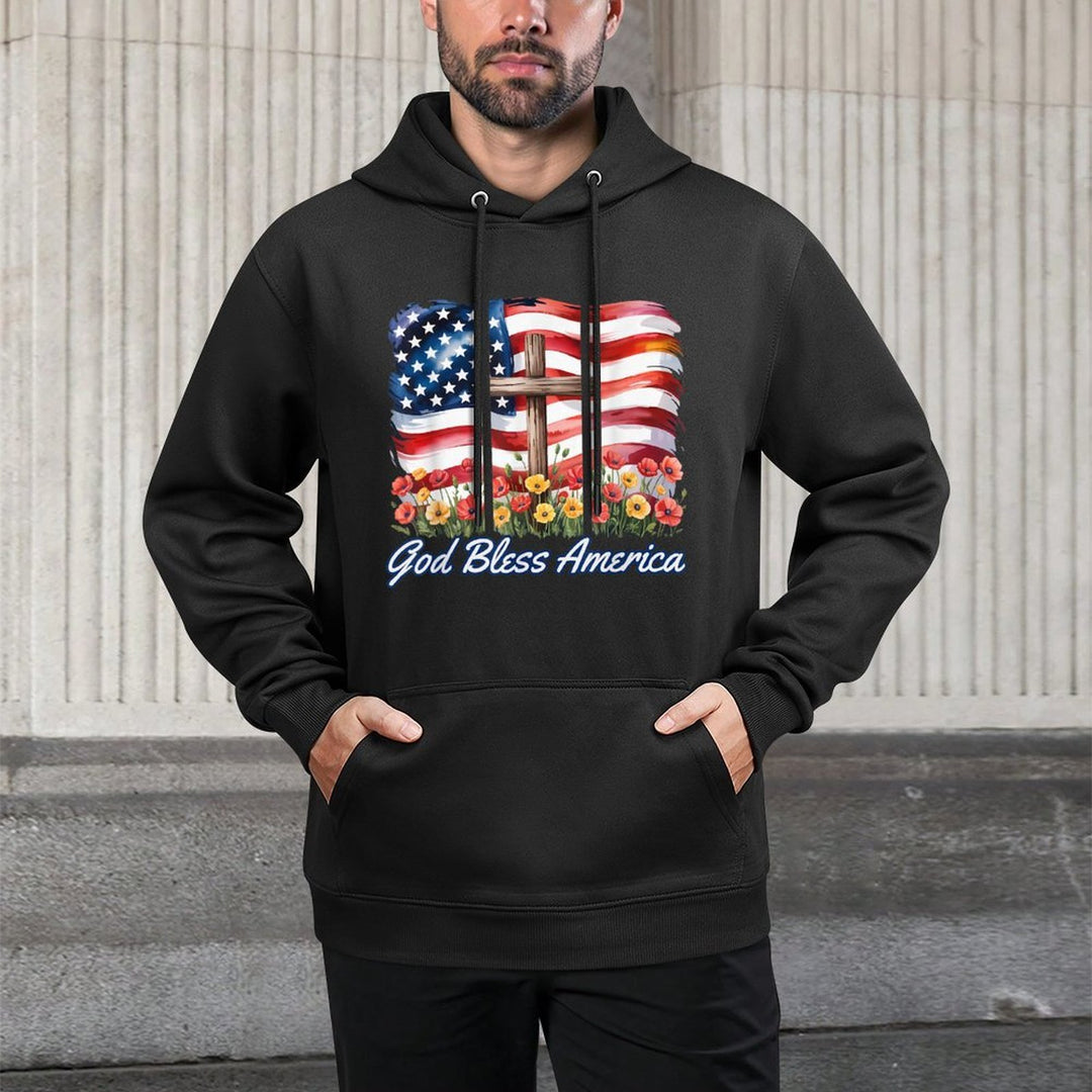 God Bless America Cross Flowers Patriotic 4th of July Moisture-Wicking Hoodie