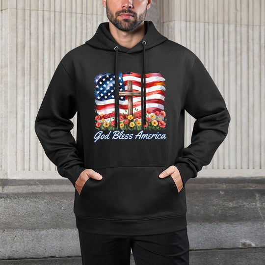 God Bless America Cross Flowers Patriotic 4th of July Moisture-Wicking Hoodie
