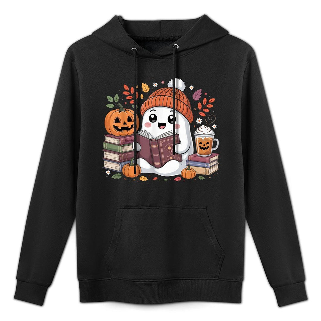 Cute Ghost Reading Book Lover Halloween Ghost Coffee Pumpkin Adjustable Hood Hoodie