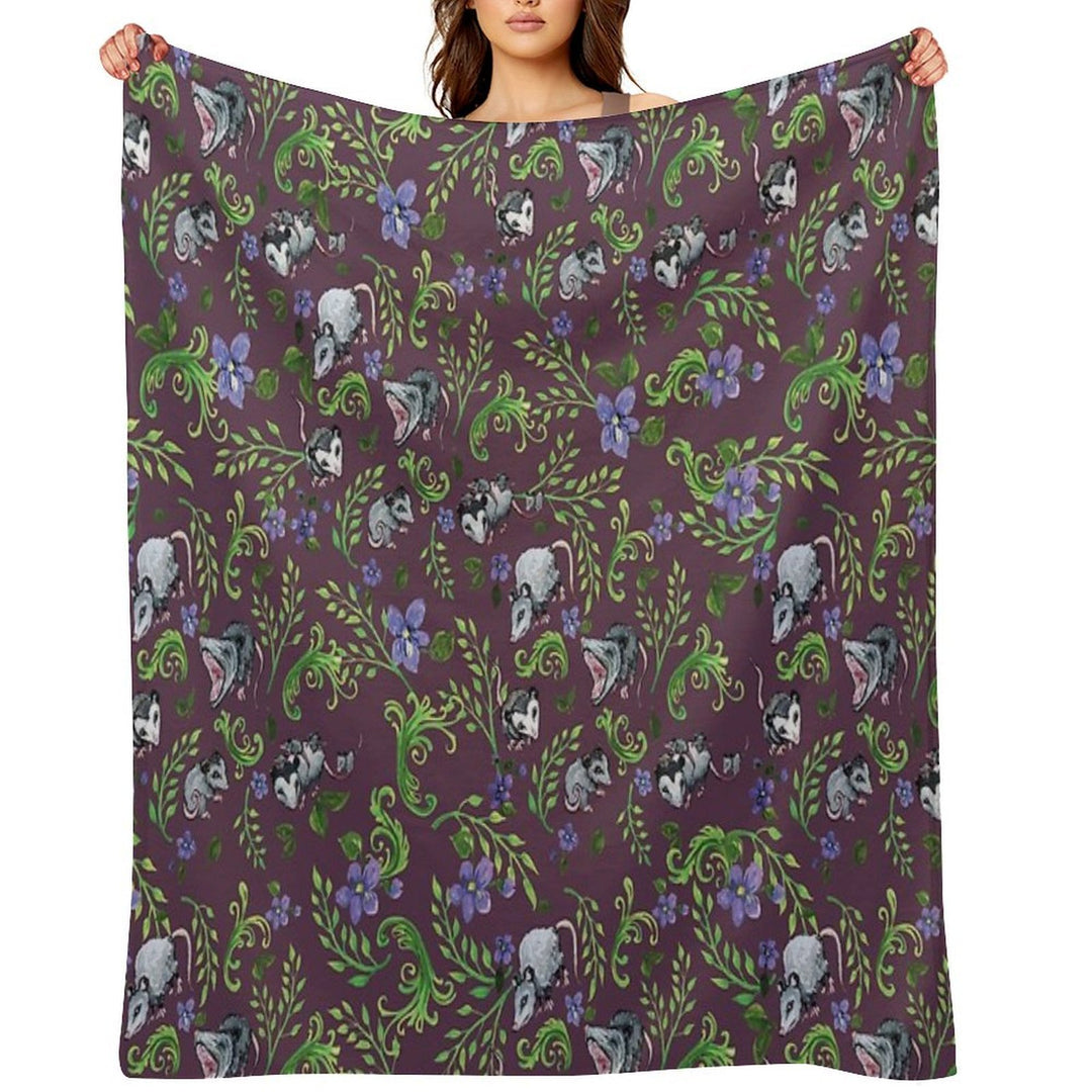 Opossum, Fern, & Violet Print Velvety-soft Throw Blanket