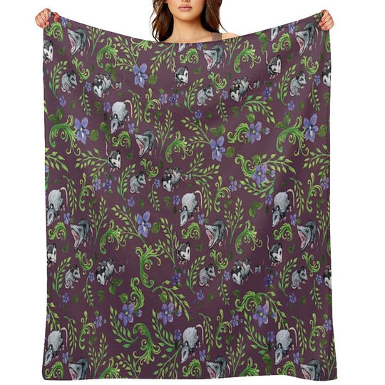 Opossum, Fern, & Violet Print Velvety-soft Throw Blanket