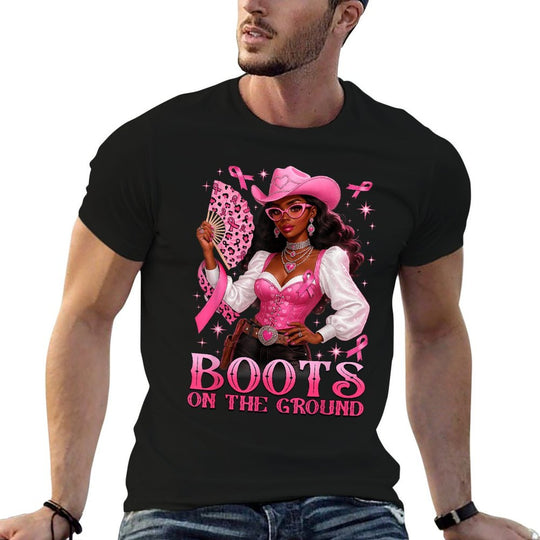 Boots On The Ground Pink Cowgirl Breast Cancer Western  Durable T-Shirt