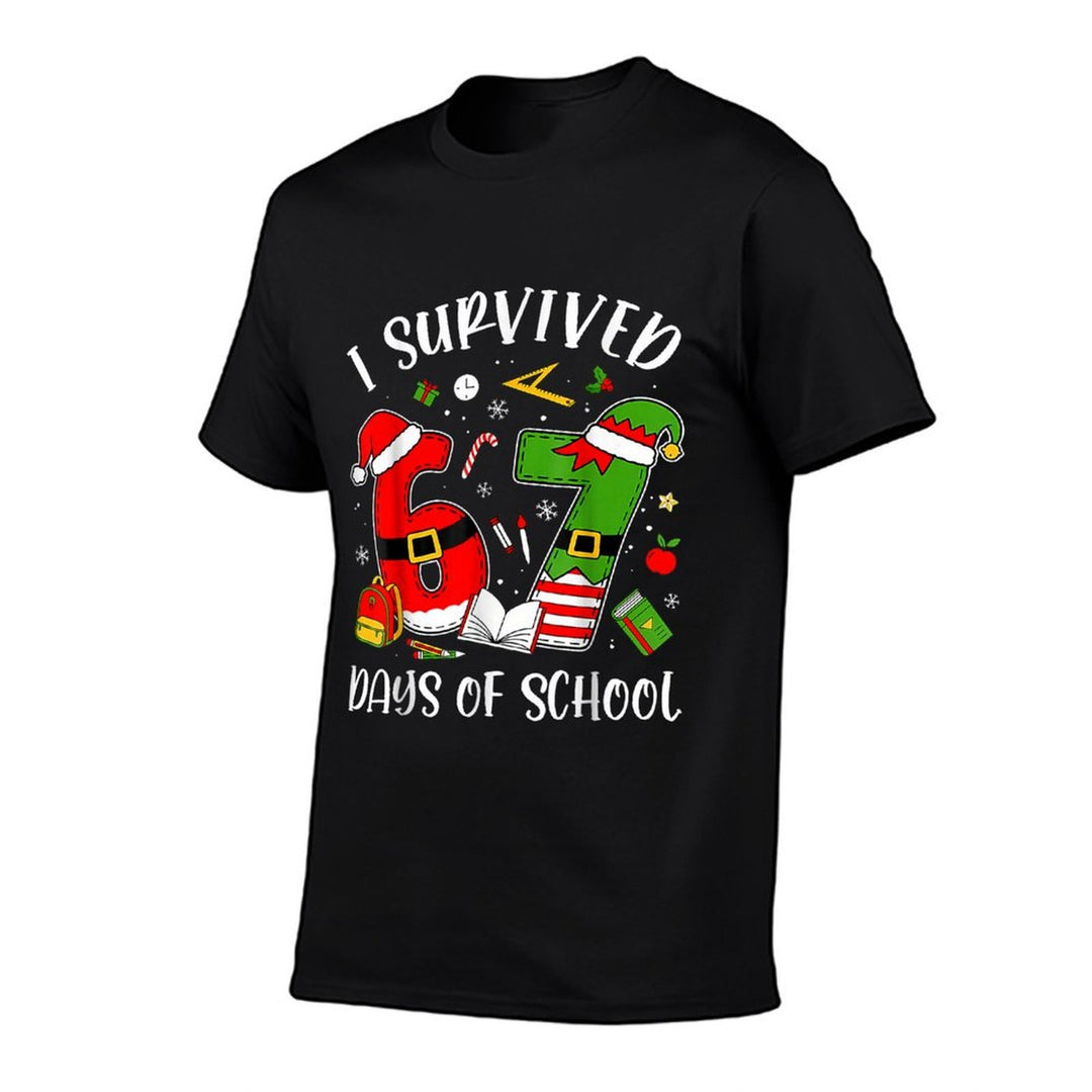 I Survived 67 Days of School Christmas Santa Teacher  Summer-ready Fabric T-Shirt