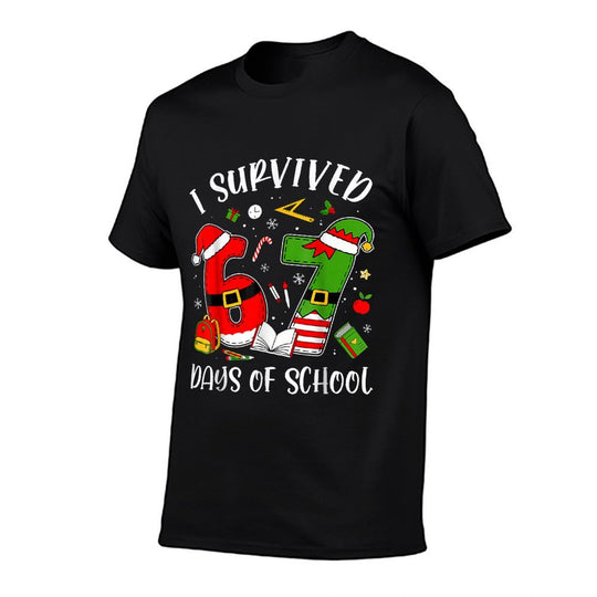 I Survived 67 Days of School Christmas Santa Teacher  Summer-ready Fabric T-Shirt