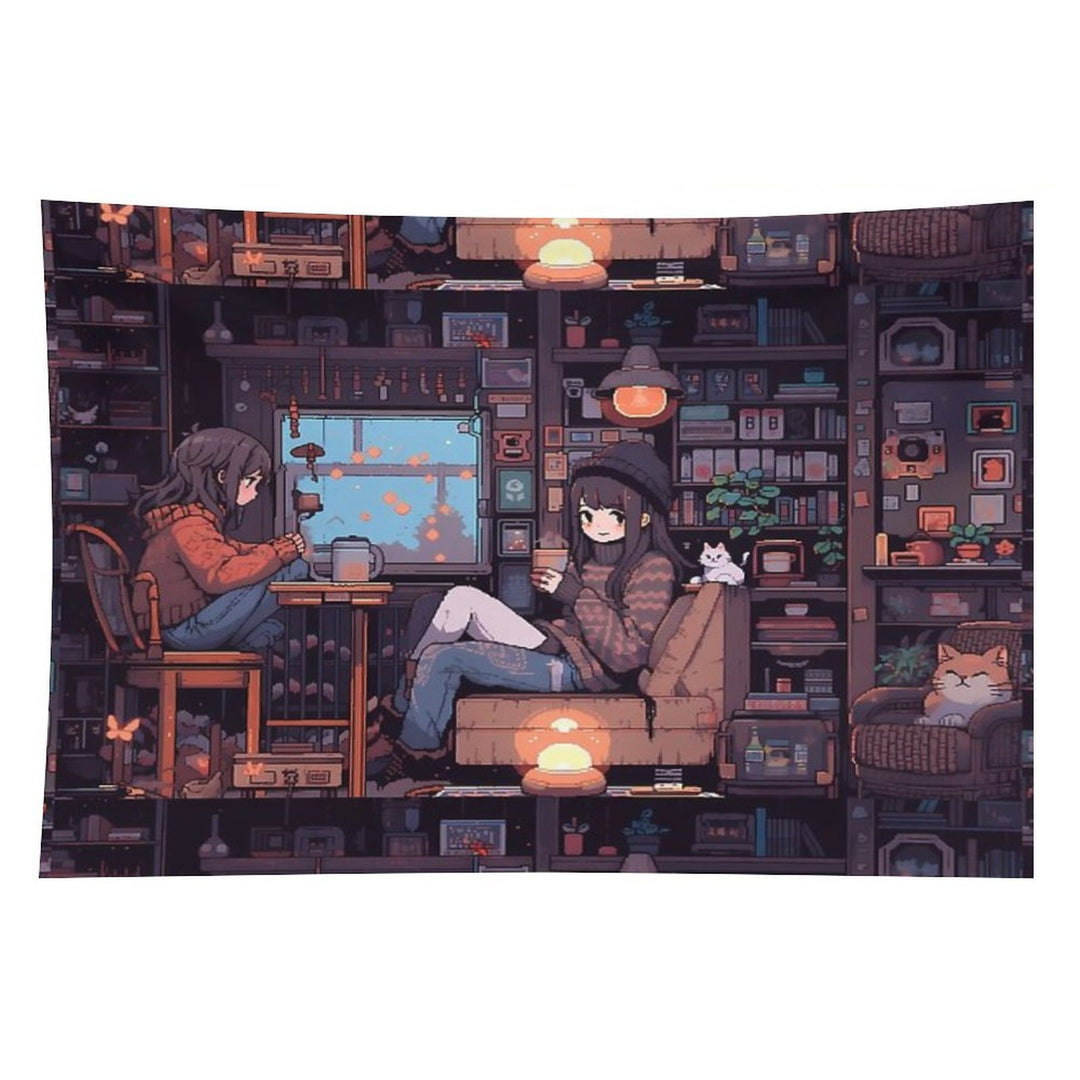 Anime Girls, Pixel Art- Cozy Tapestry