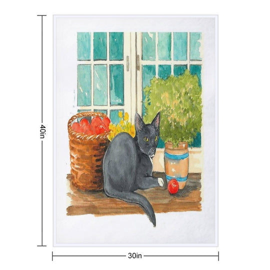 Black Cat on A Sunny Windowsill – Cozy Cottage Illustration Comfort Throw Blanket