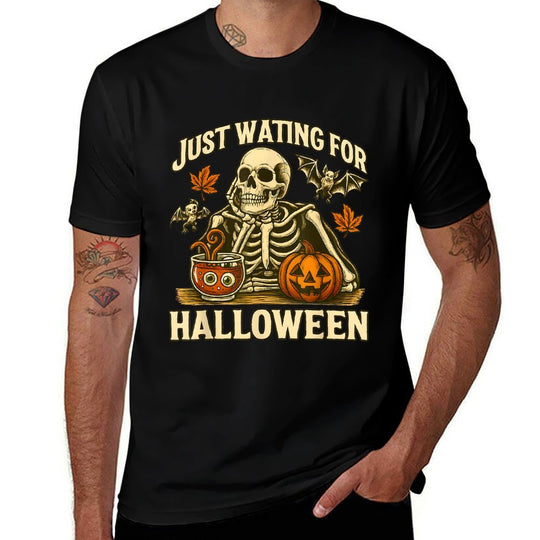 Just Waiting for Halloween  Skeleton Pumpkin Design  Slim-fit Cut T-Shirt