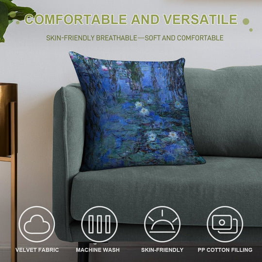 Water Lilies Monet Vibrant Blue Soft Hidden Zipper Throw Pillow