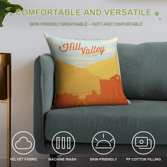 Back to The Future - Welcome To Hill Valley Soft Reinforced Edging Throw Pillow