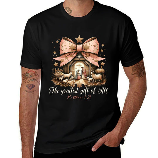 The Greatest Gift Of All Christmas Xmas Coquette Bow Jesus  Wrinkle-resistant T-Shirt