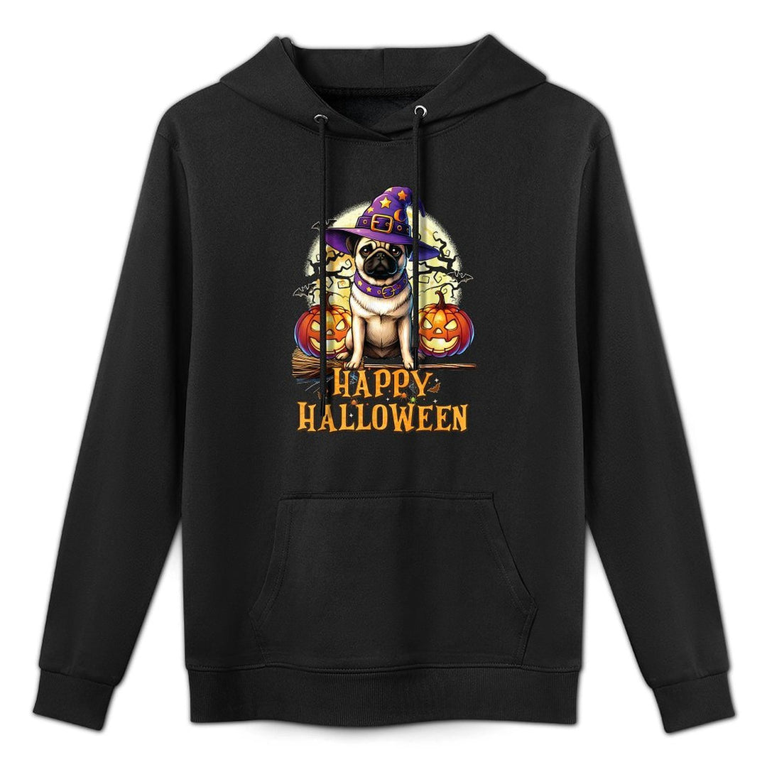 Dog Lovers Cute Pug Celebrating Witch Hat Funny Halloween Breathable Fabric Hoodie