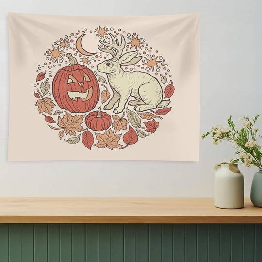 Halloween Friends  Jackalope And Jack-O-Lantern Autumn Art Tapestry