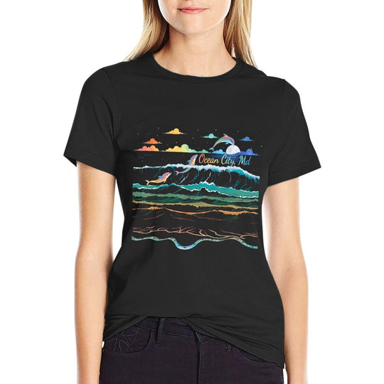 Ocean City Beach MD Vacation Colorful Dolphin Lover Art  Wrinkle-resistant T-Shirt