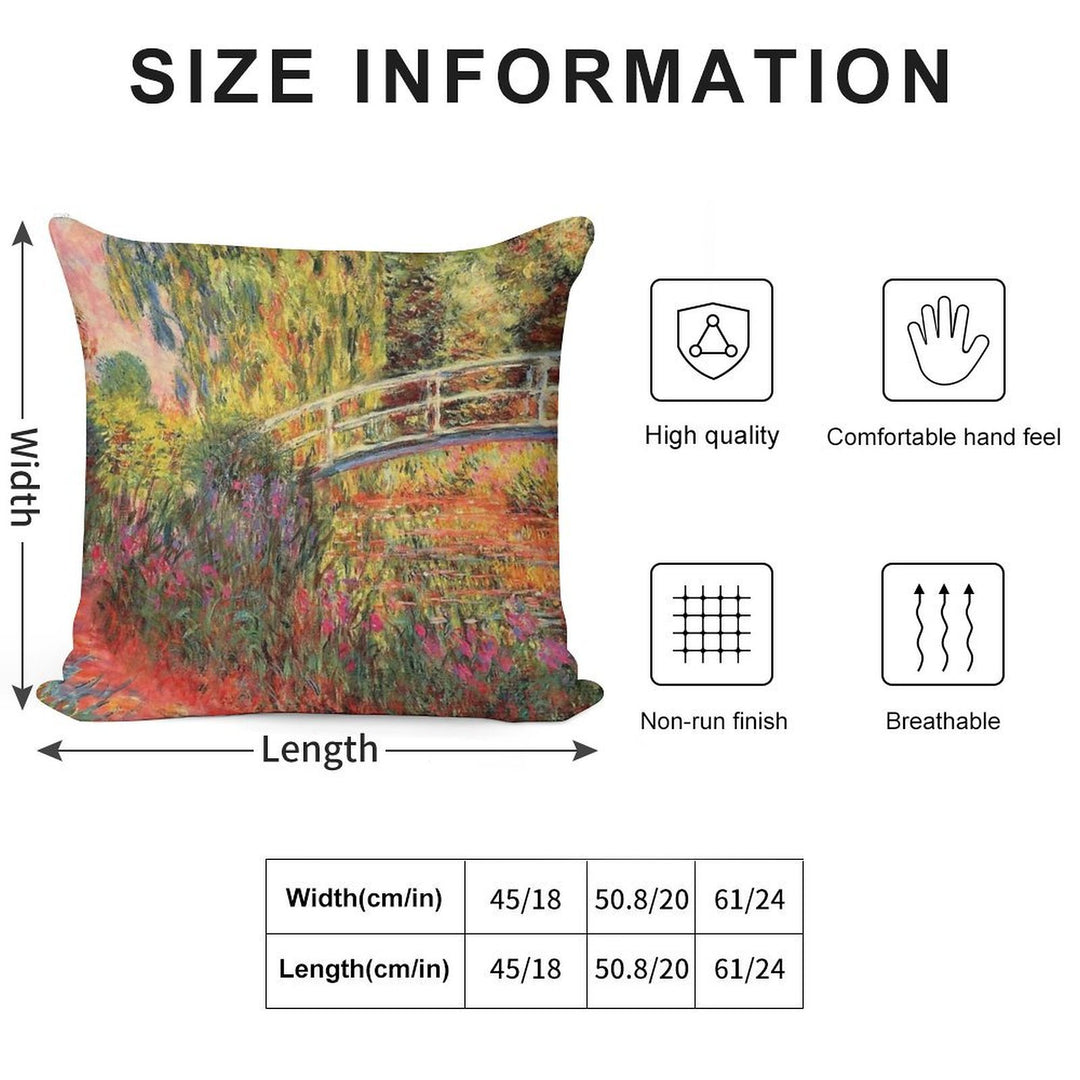Monet The Japanese Bridge (The Water-Lily Pond, Water Irises) Soft Short Plush Fabric Throw Pillow