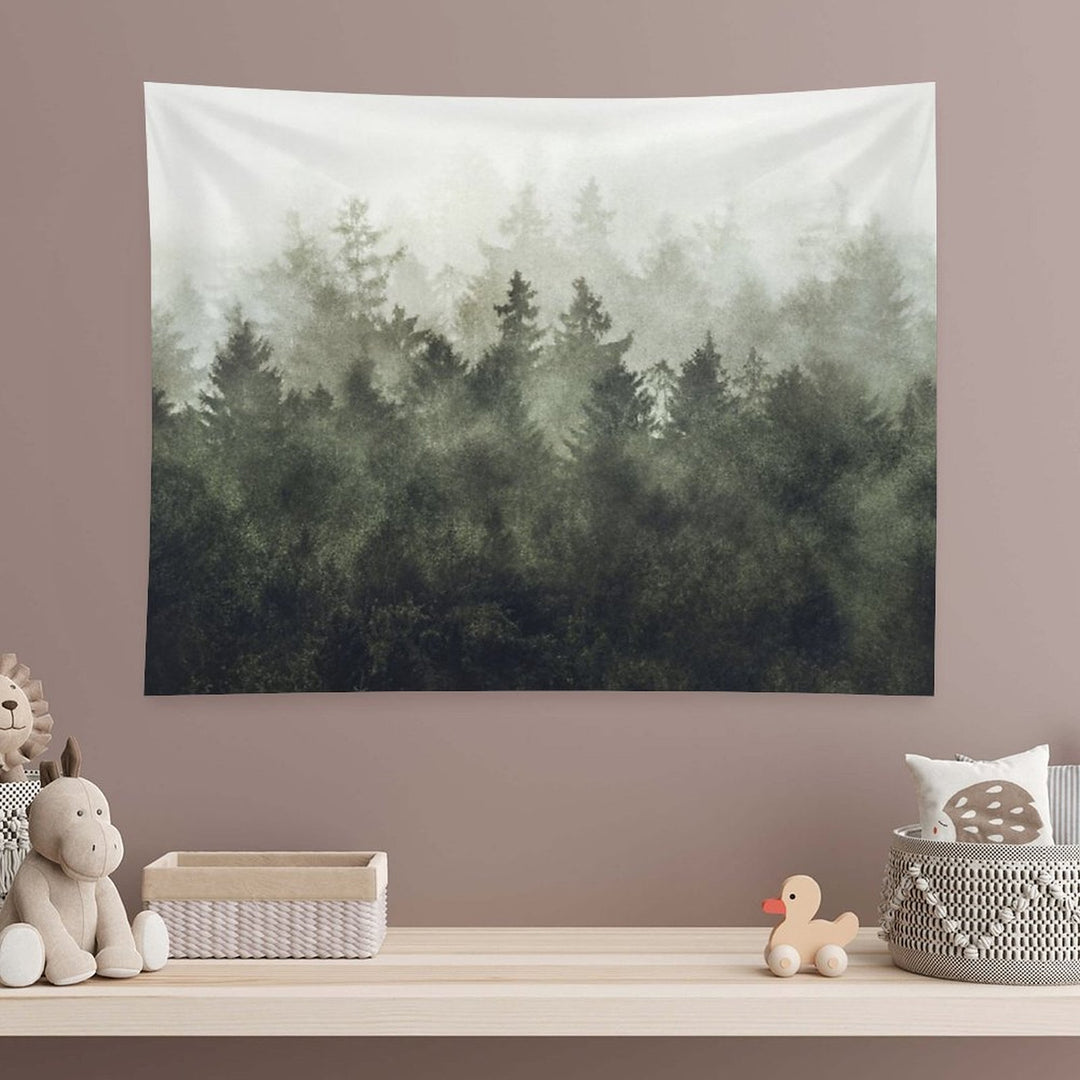 The Heart Of My Heart  Green Mountain Romantasy Moody Wilderness Dream Forest With Cascadia Trees Covered In Magic Fog Tapestry
