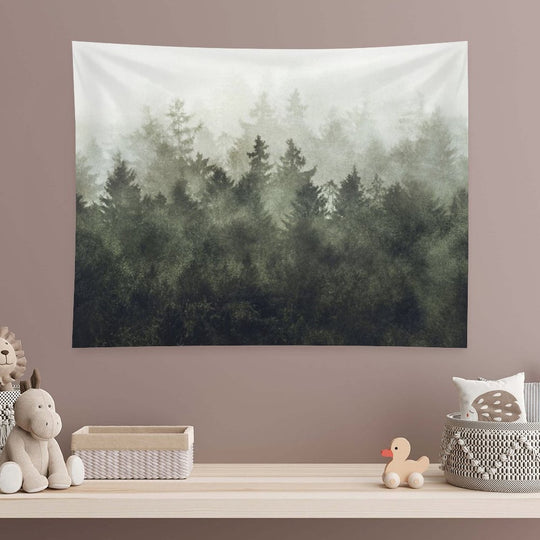 The Heart Of My Heart  Green Mountain Romantasy Moody Wilderness Dream Forest With Cascadia Trees Covered In Magic Fog Tapestry