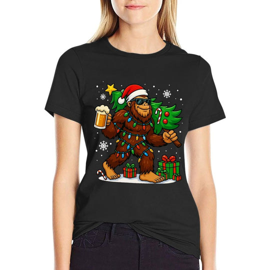 Funny Bigfoot Santa Christmas Tree Drink Beer Xmas Sasquatch Comfortable T-Shirt