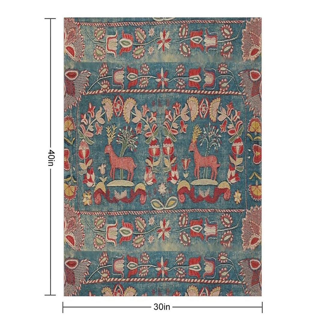 ANTIQUE  RED BLUE SWEDISH TAPESTRY WITH DEERS AND FLOWERS Shrink-resistant Throw Blanket