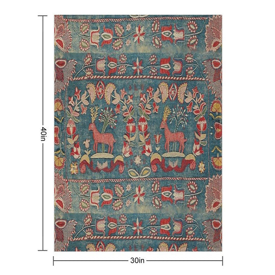 ANTIQUE  RED BLUE SWEDISH TAPESTRY WITH DEERS AND FLOWERS Shrink-resistant Throw Blanket