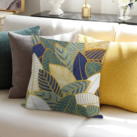 Leaf Wall  Navy Blue Pine And Sage Green Leaves Golden Lines Soft Easy Maintenance Throw Pillow