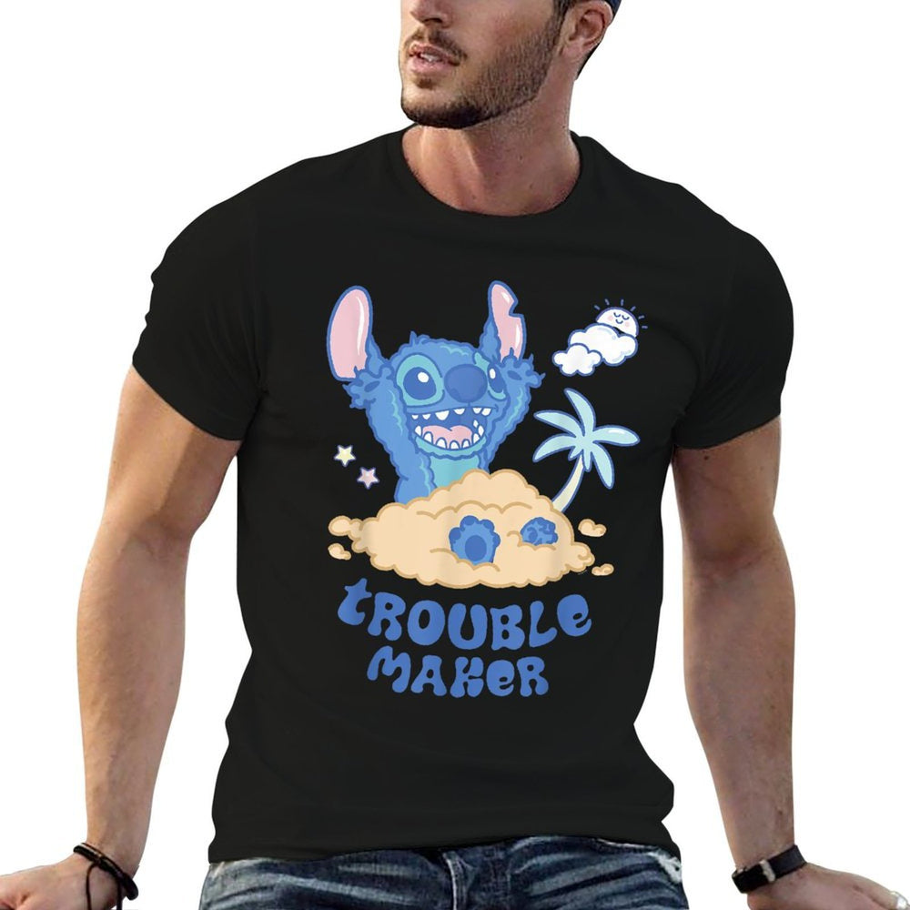 Disney Stitch Fluffy Summer Beach Sand Pile Trouble Maker Comfortable T-Shirt