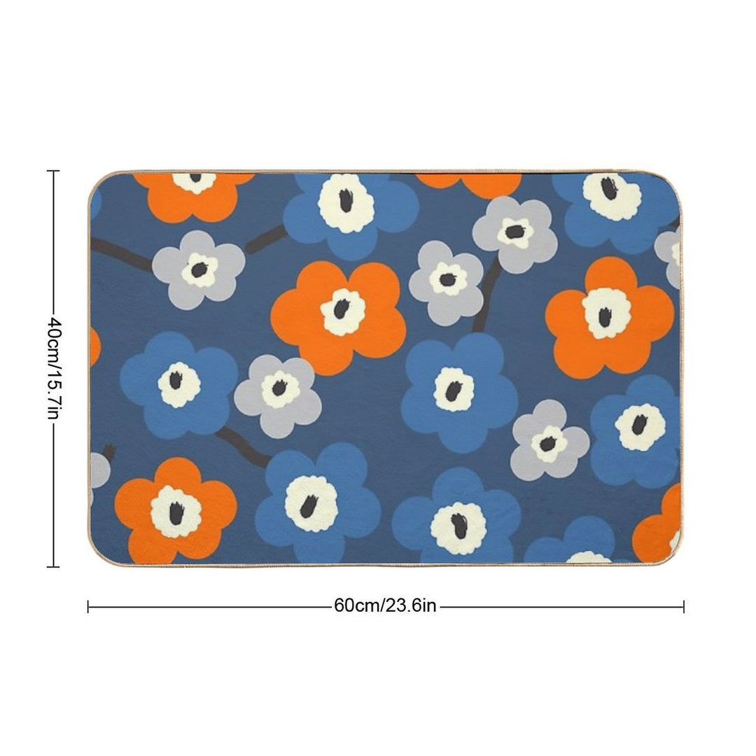 Iconic Modern Scandinavian Floral Pattern in Blue And Orange  Easy To Clean Bath Mat