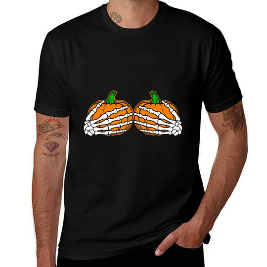 Funny Halloween Skeleton Hands On Chest Pumpkin Boobs  Eco-friendly Material T-Shirt