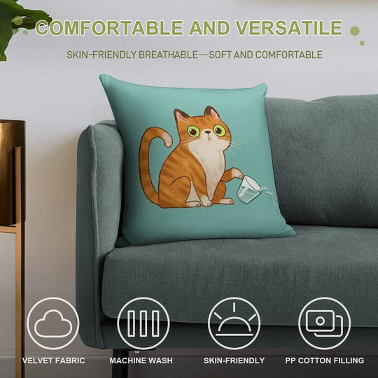Cat Tipping Glass Soft Washable Throw Pillow