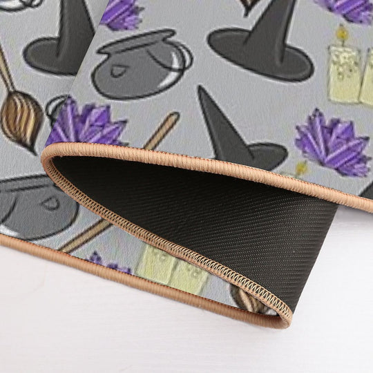 Hand Drawn Spooky Cauldrons,Broomsticks,Candles, And Witches Hat Cartoon Doodles Pattern, Made by EndlessEmporium Durable Bath Mat