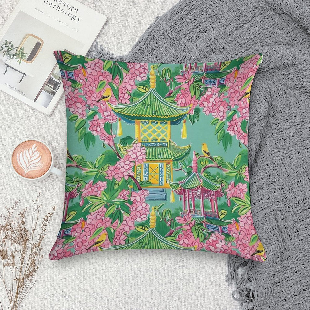 Preppy Pink Chinoiserie Pagodas And Cherry Blossom on Green Soft Easy Maintenance Throw Pillow