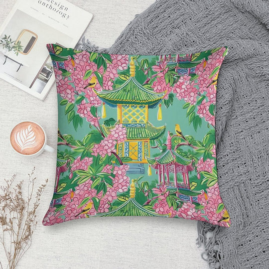 Preppy Pink Chinoiserie Pagodas And Cherry Blossom on Green Soft Easy Maintenance Throw Pillow