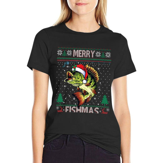 Merry Fishmas Bass Fish Fishing Christmas Ugly Sweater Xmas  Fade-proof Color T-Shirt