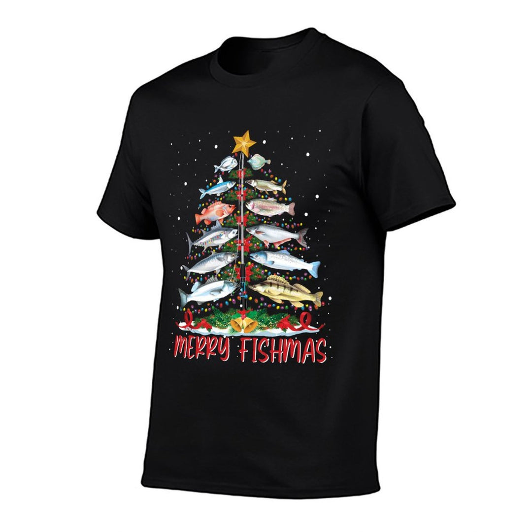 Fish Fishing Rod Christmas Tree Fisherman Merry Fishmas  Ribbed Collar T-Shirt