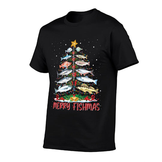 Fish Fishing Rod Christmas Tree Fisherman Merry Fishmas  Ribbed Collar T-Shirt
