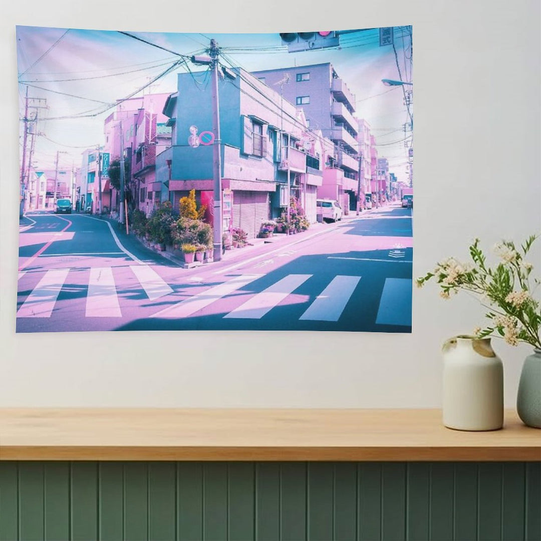 Anime in Real Life Vaporwave Summer Day in Tokyo Residential Area Tapestry