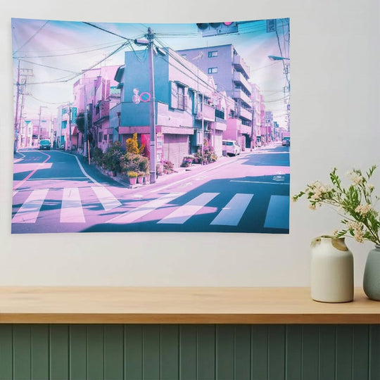 Anime in Real Life Vaporwave Summer Day in Tokyo Residential Area Tapestry