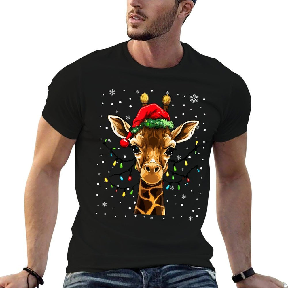 Cute Giraffe Christmas Lights Santa Hat Xmas Pajama  Heathered Texture T-Shirt