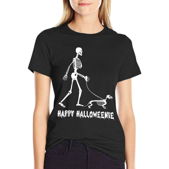 Happy Halloweenie Skeleton Walking Dachshund Dog Halloween for Men Women Kids Comfortable T-Shirt