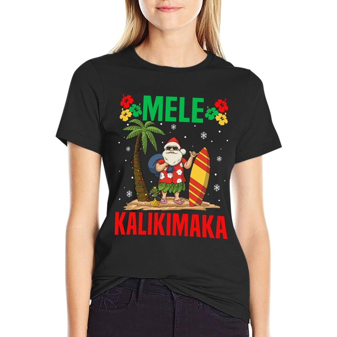 Mele Kalikimaka Tropical Christmas Hawaiian Xmas Santa Claus  Ribbed Collar T-Shirt