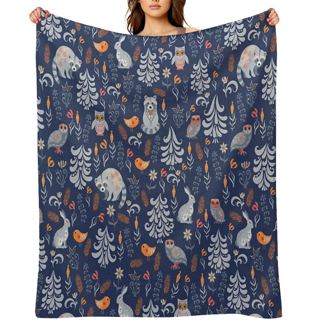 Fairy Forest with Animals And Birds. Raccoons, Owls, Bunnies And Little Chick. All-season Throw Blanket