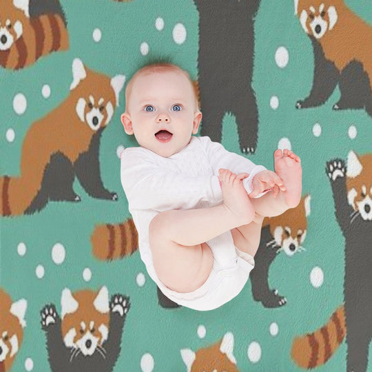 Cute Red Panda Pattern with White Dots And Turquoise Background Premium Throw Blanket