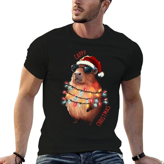 Cute Capybara Christmas Lights With Sunglass Animal Lover  Oversized Silhouette T-Shirt