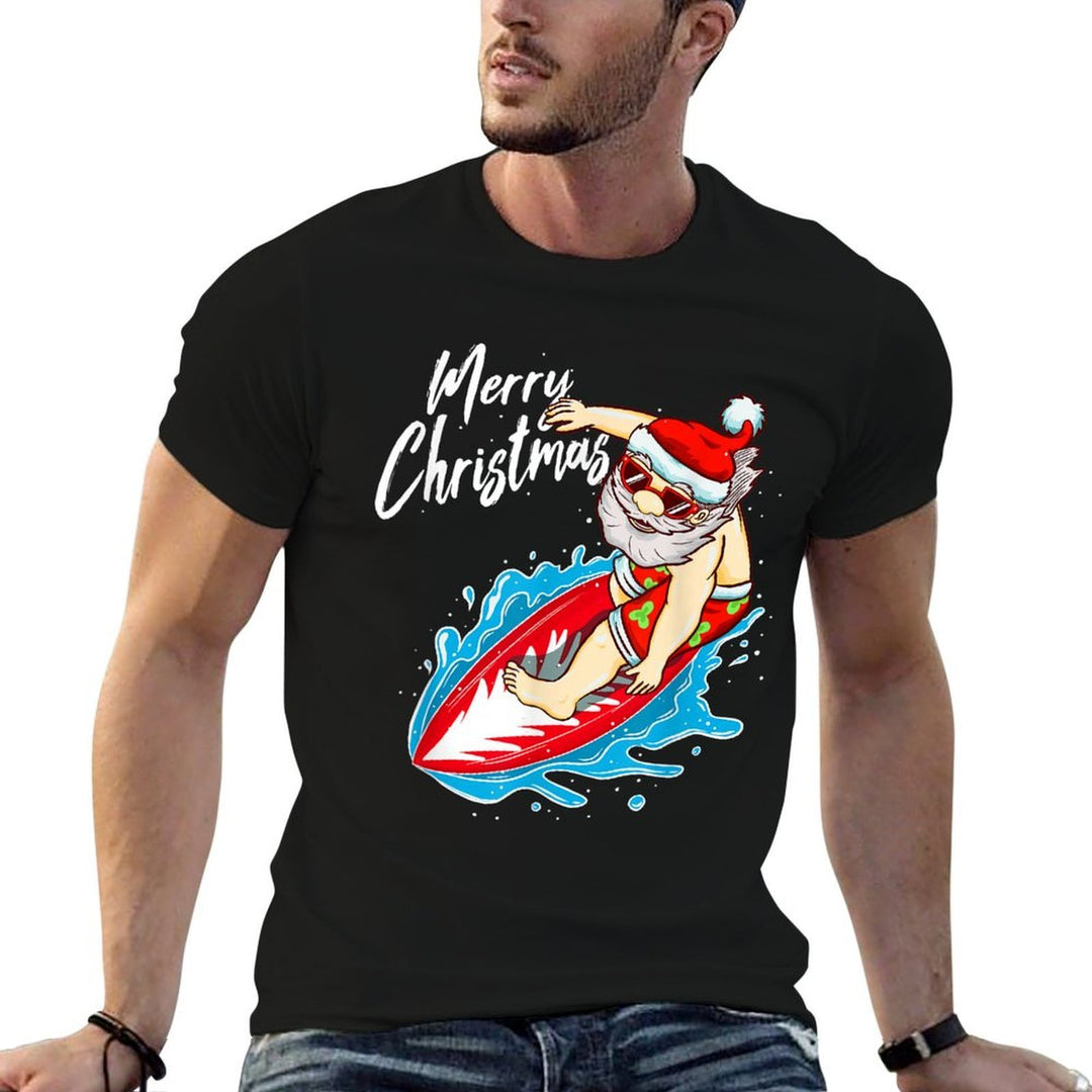 Funny Surfing Santa Claus Hawaiian Christmas Santa Surfing  Stretchy T-Shirt