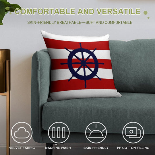 Nautical Navy Blue Ship's Steering Wheel On Red Stripes Soft Fade-Resistant Throw Pillow
