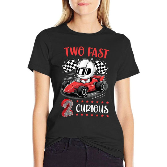 Kid Two Fast 2 Curious 2nd Birthday Two Years Old Car Racing  Heathered Texture T-Shirt