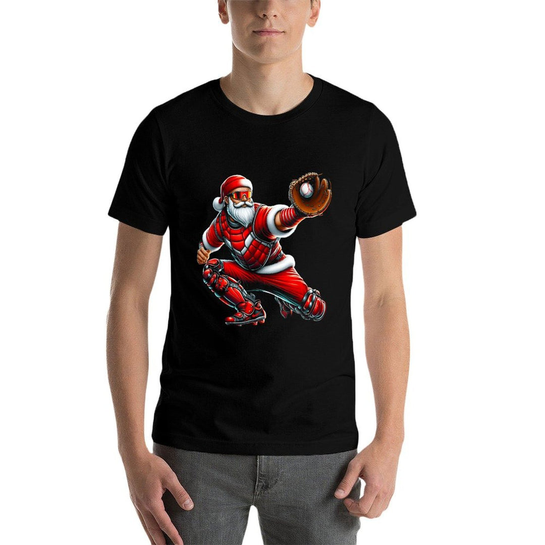 Santa Playing Baseball Catcher Merry Christmas Sport Player  Cotton T-Shirt