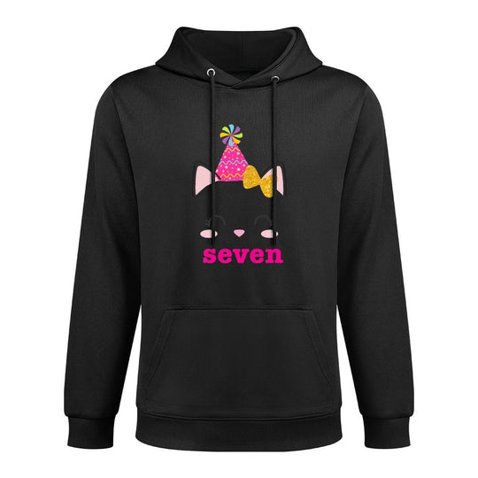 Kids SEVEN (7 Year Old) 7th Birthday Girl Kitty Cat Theme Premium Kangaroo Pocket Hoodie