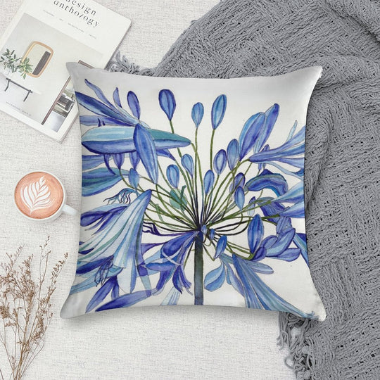 Blue Agapanthus Flower Watercolour Painting Soft Reinforced Edging Throw Pillow