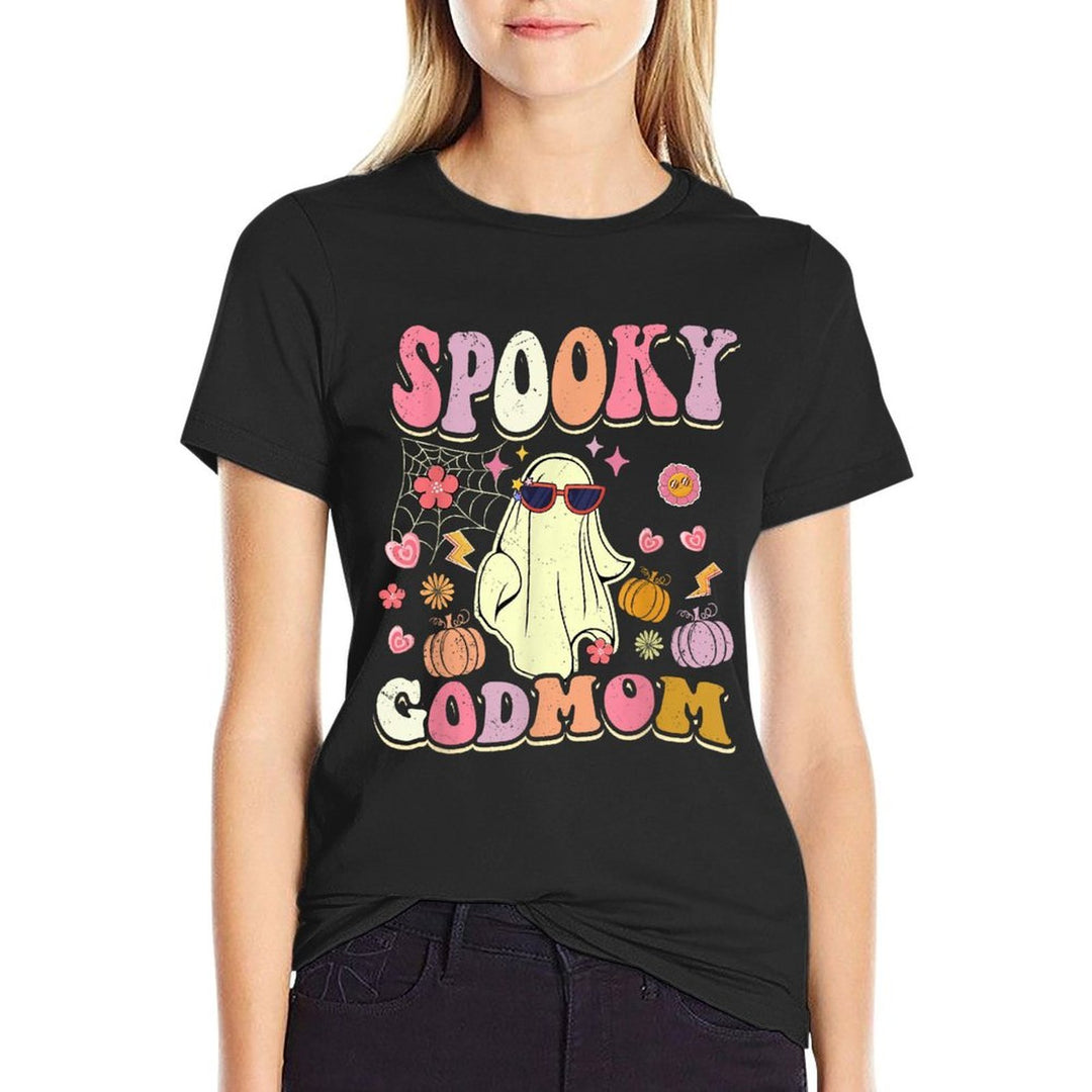Spooky Godmom Groovy Ghost Halloween Funny Godmother  High-quality Stitching T-Shirt